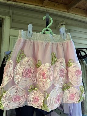 New Lipstick Girls size 10 Ribbon Pink Floral Rosettes Tulle Skirt metallic wais